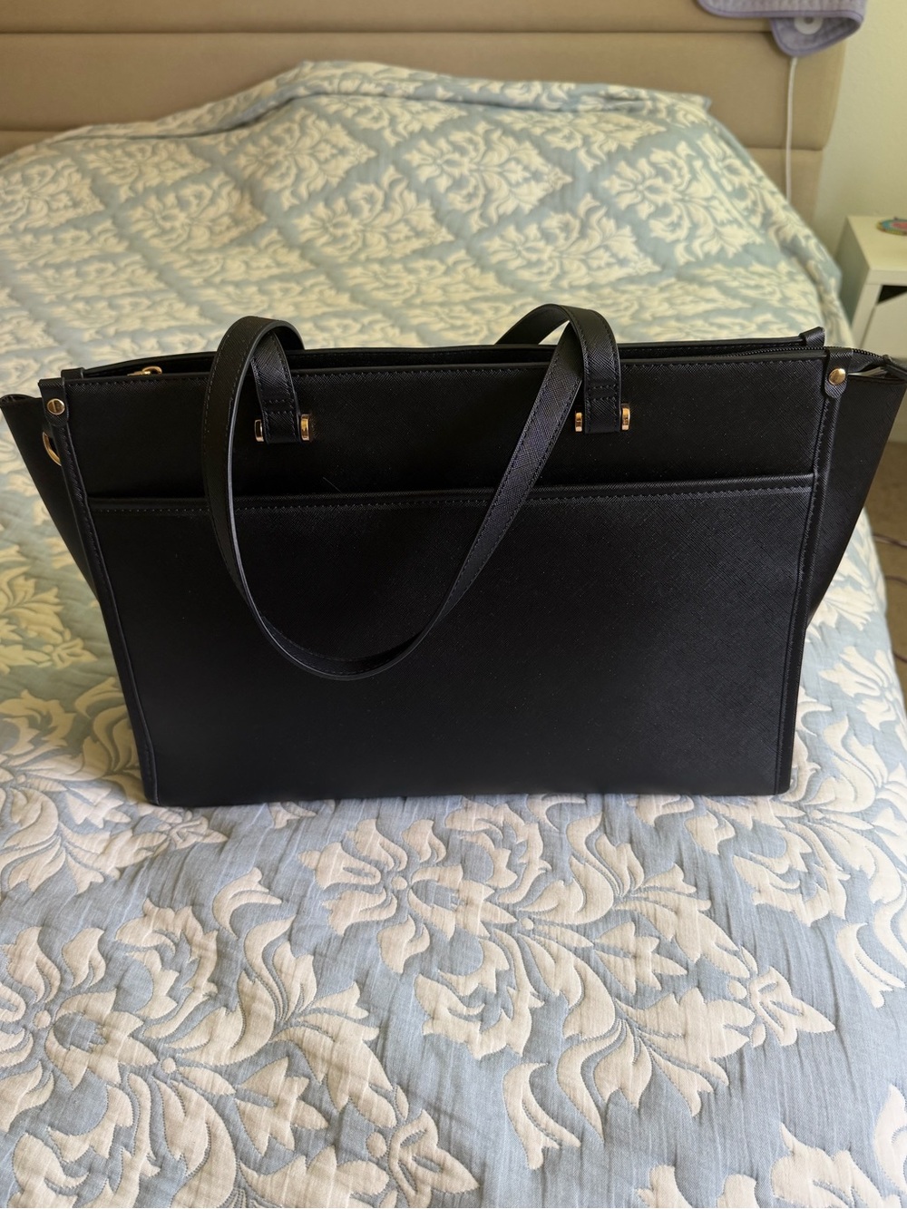 Black faux saffiano leather 15.6 in laptop tote briefcase
